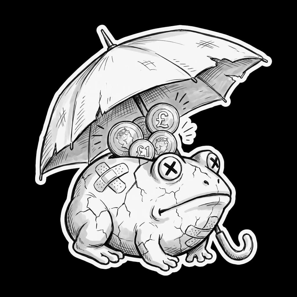 A hand-drawn cracked frog money box with X-shaped eyes sheltering beneath an umbrella