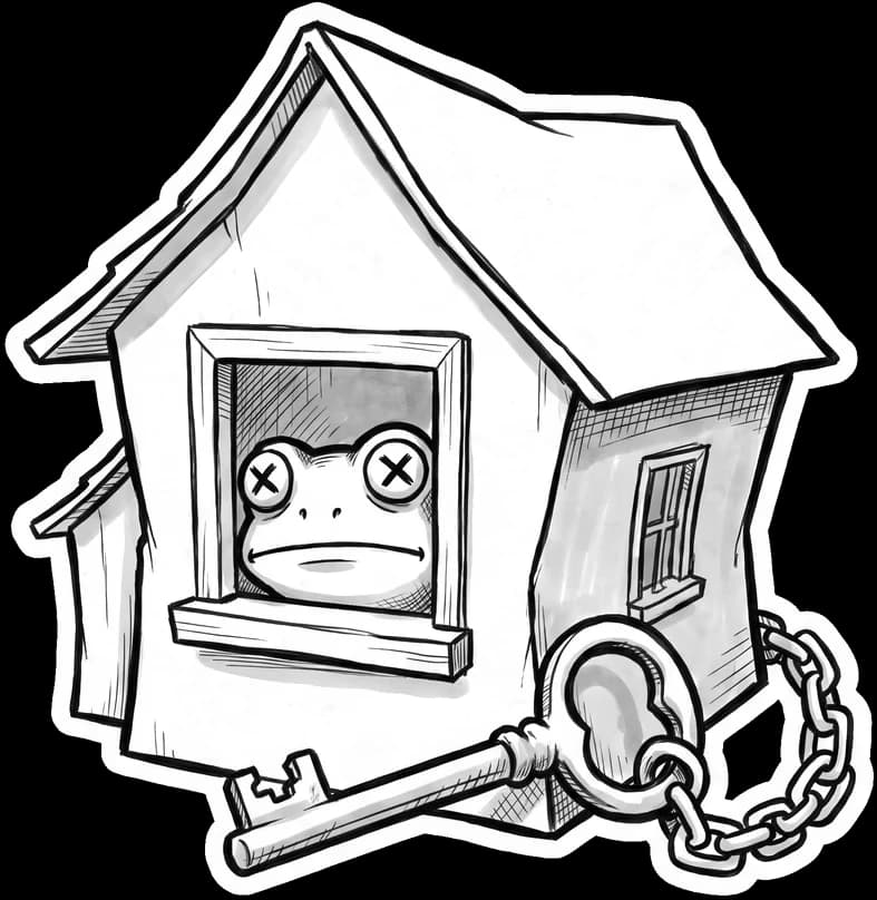 The Croaked frog looking out of the window of a little house, with a key chained to it