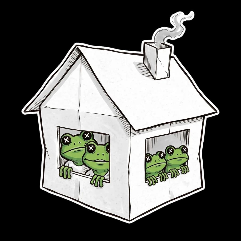 A hand-drawn paper house with the Croaked frog family looking out of its windows