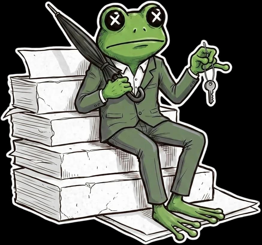 The Croaked frog in a suit, resting on a tall stack of policy documents