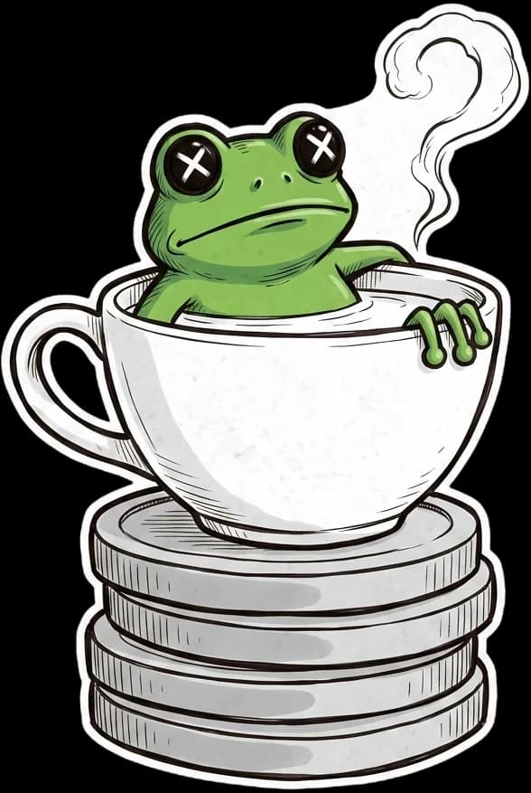 The Croaked frog relaxing in a teacup on a stack of coins