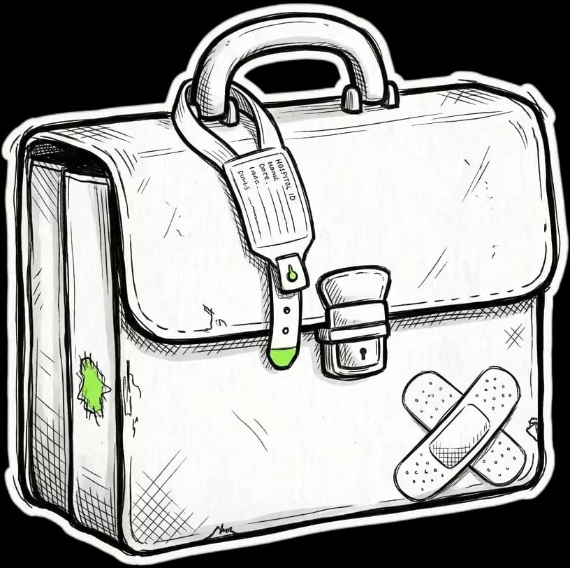 A briefcase with a hospital wristband round its handle and a plaster on its side