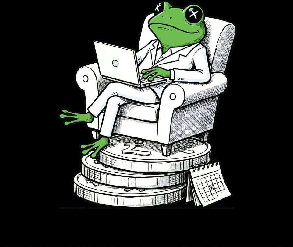 The Croaked frog at ease in an armchair with a laptop, on a pile of coins