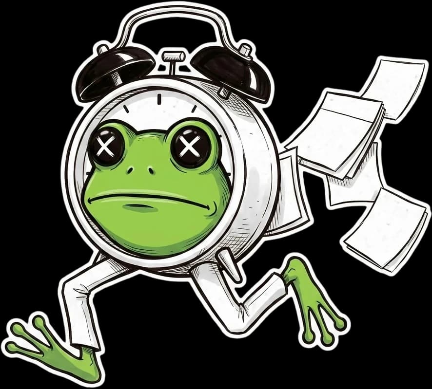 The Croaked frog as a running alarm clock, papers flying behind it