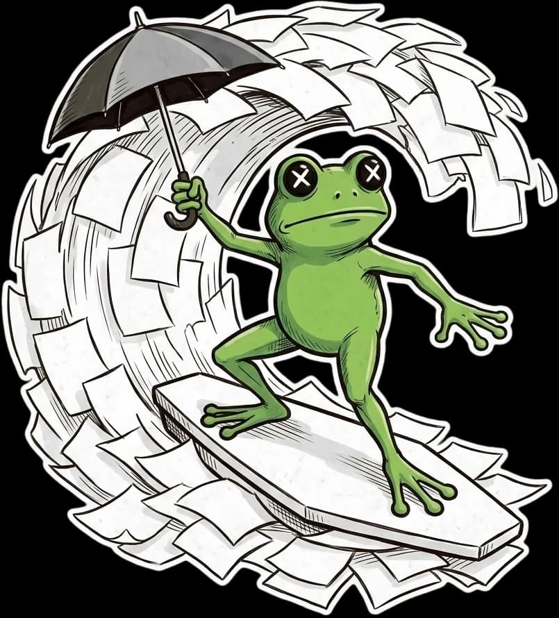 The Croaked frog surfing a wave of paperwork under an umbrella