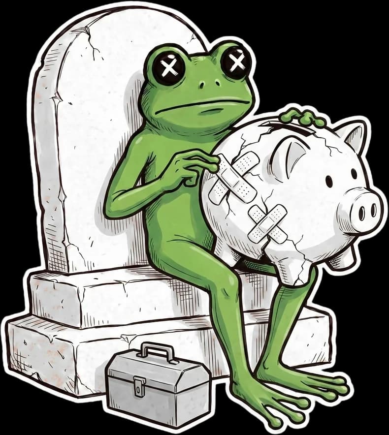 The Croaked frog leaning on a gravestone, hugging a piggy bank