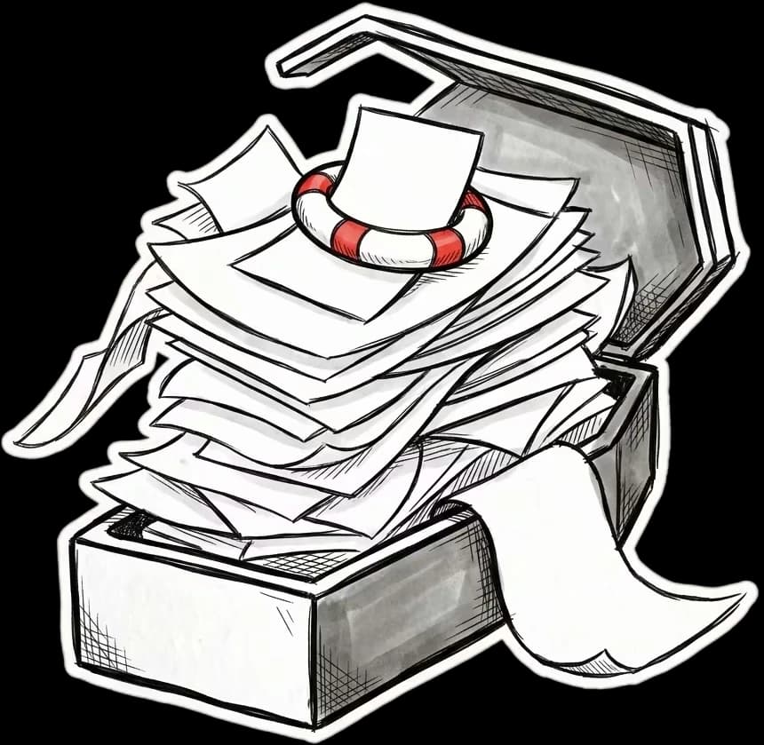 A small coffin sitting in an office in-tray, piled with papers