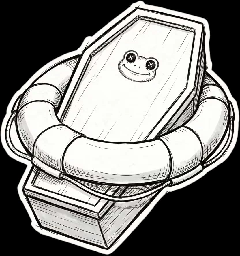 A small coffin resting inside a life ring