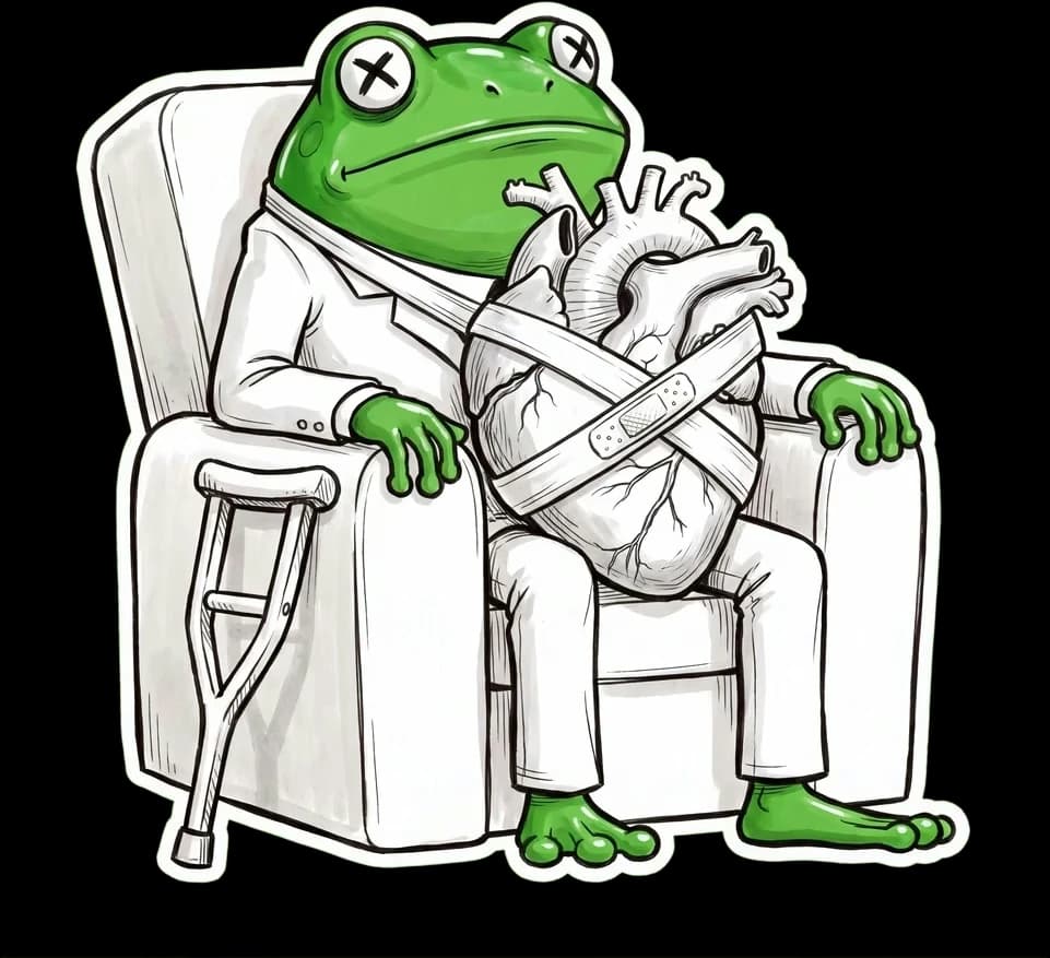The Croaked frog in a white suit, sitting in an armchair hugging a bandaged heart, with a crutch leaning beside him