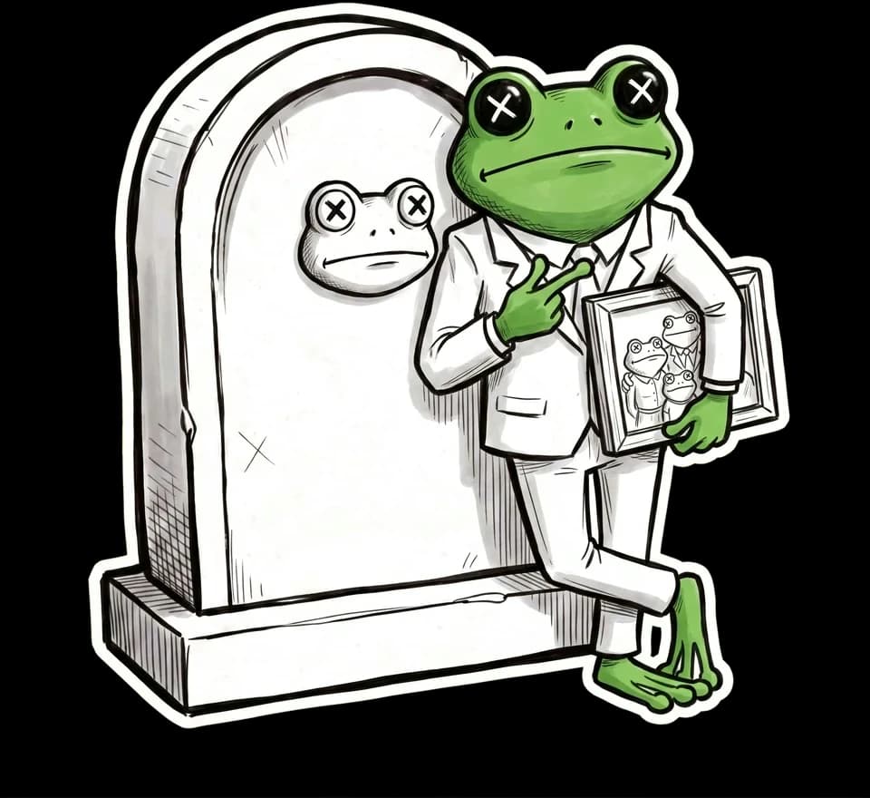 The Croaked frog in a white suit, leaning on his gravestone with a family portrait under his arm