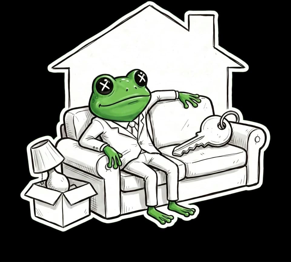 The Croaked frog in a white suit, lounging on a sofa beside a big door key and a box with a lamp in it, in the outline of a house